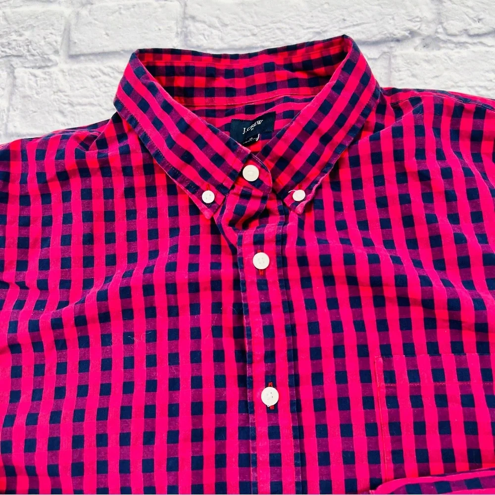 J. Crew Factory Men's Long Sleeve Button Down Shirt Red Blue Gingham Plaid